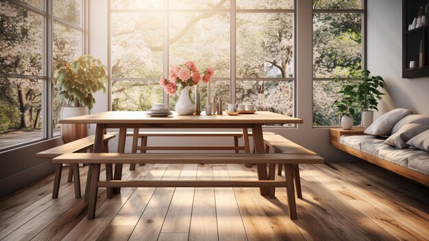 Un comedor con suelo de madera y una mesa.