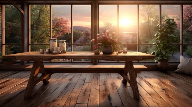 Un comedor con suelo de madera y una mesa.