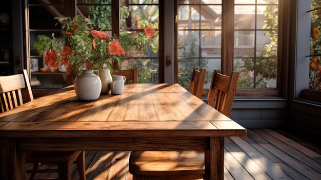 Un comedor con suelo de madera y una mesa.