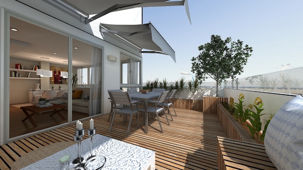 Foto comedor terraza de casa de estilo moderno con vistas al mar render 3d