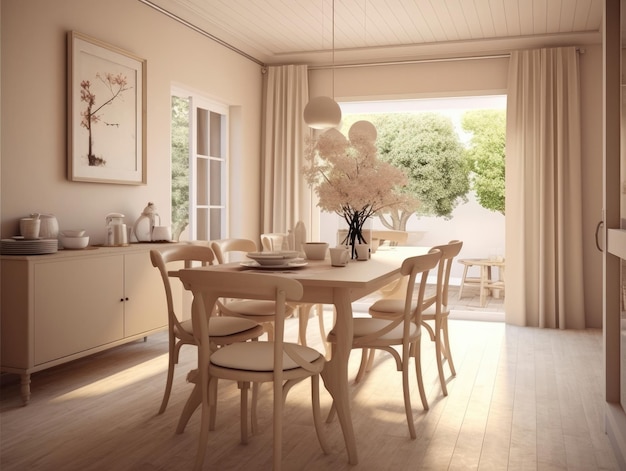 Comedor en tonos beige con mesas blancas, sillas de madera y un florero, la luz natural brilla a través de una ventana AI generativa