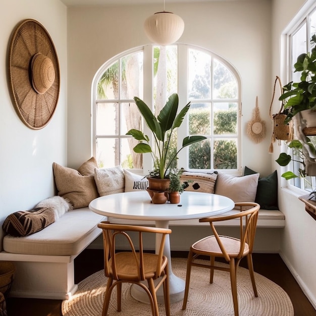 Un comedor con una ventana redonda y una mesa redonda con sillas y una planta encima.