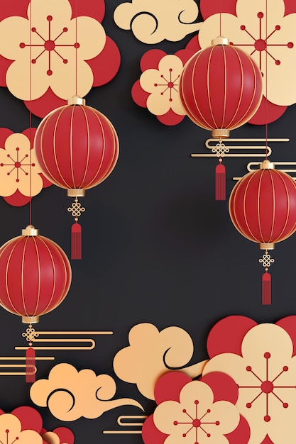 Comemoração do Ano Novo Chinês Com fundo com lanternas vermelhas e decorações douradasxAxA Ilustração 3D