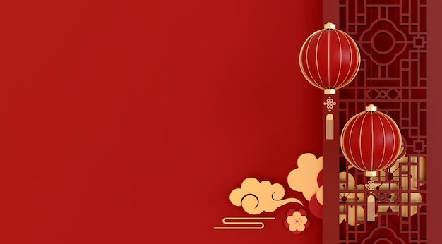 Comemoração do Ano Novo Chinês Com fundo com lanternas vermelhas e decorações douradasxAxA Ilustração 3D