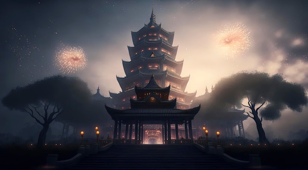 Comemorando o fundo do pagode chinês do ano novo chinês com fogos de artifício no céu
