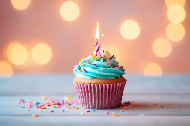 Comemorando um aniversário com um cupcake doce com fundo de estúdio de velas para vendas