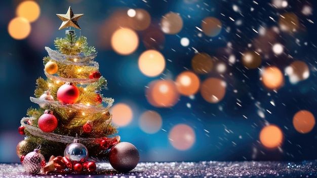 Comemore o cartão alegre da estação com árvore de Natal e ornamentos Generative AI