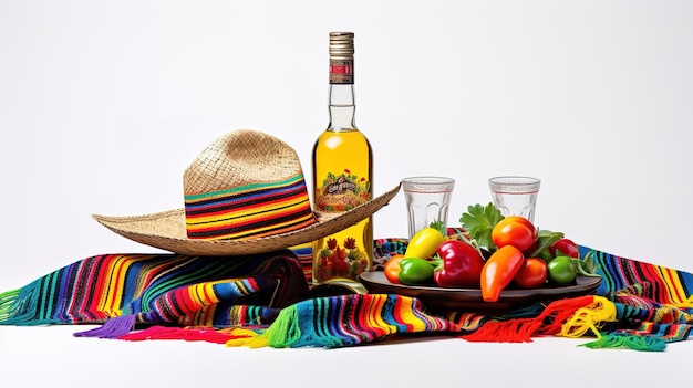 Comemore o Cinco de Mayo com esta divertida e festiva vista vertical superior de um sombrero poncho e maracas, além de doses de tequila, fatias de limão e pimenta em um fundo branco com copyspace