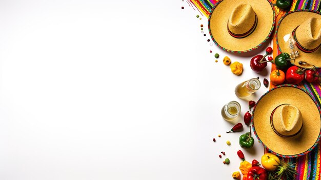 Comemore o Cinco de Mayo com esta divertida e festiva vista vertical superior de um sombrero poncho e maracas, além de doses de tequila, fatias de limão e pimenta em um fundo branco com copyspace