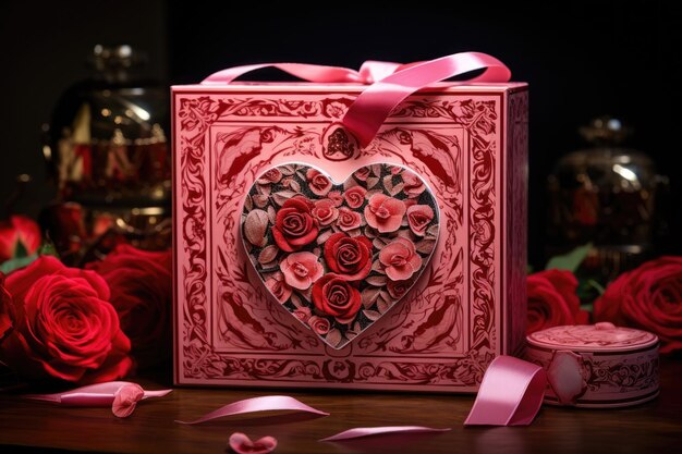 Comemore o Dia dos Namorados com um gesto romântico usando este lindo cartão de felicitações com um fundo de rosas Caixas de presente personalizadas de luxo com o tema do Dia dos Namorados geradas por IA