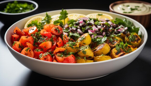 Comendo salada fresca, vegetais grelhados e pão caseiro gerado por IA