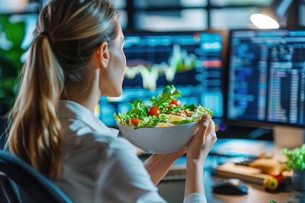 Comendo uma salada fresca em uma mesa de trabalho com análises no ecrã