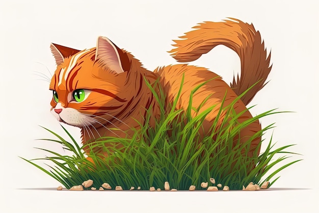Comer grama como um gato vermelho de gengibre Grama verde e deliciosa é boa para os gatos e também a aveia germinada
