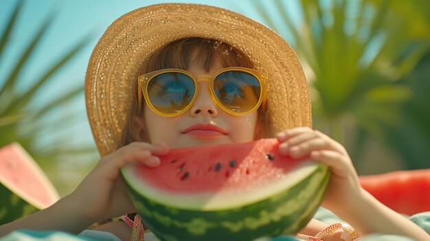 Foto comer una sandía sobre un entorno de naturaleza borrosa es un niño pequeño con sombras generativo ai