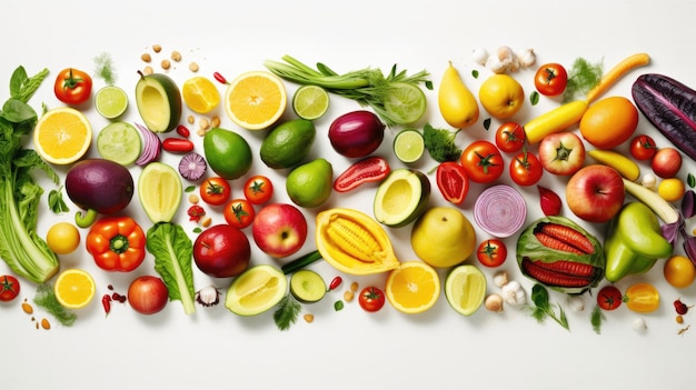 Comer sano frutas y verduras frescas sobre un fondo blanco Fructorianismo alimentos crudos y vegetarianismo