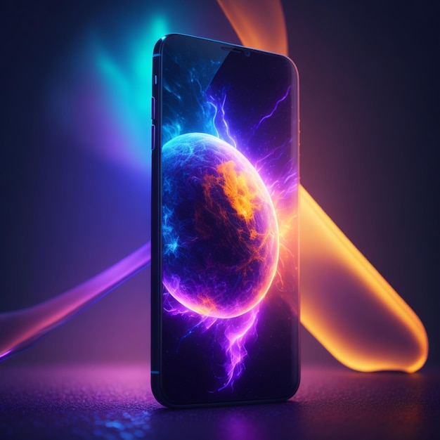 comercial colorido fundo tecnológico luz solar vibrante poderosa magia Um Iphone futurista 3D