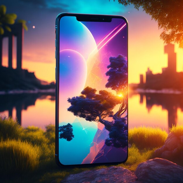 comercial colorido fundo tecnológico luz solar vibrante poderosa magia Um Iphone futurista 3D