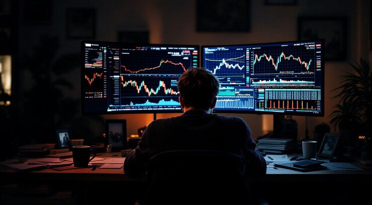 Comerciante de acciones analizando datos de mercado en múltiples pantallas