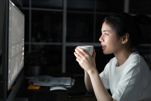 El comerciante asiático de la empresaria que mira y bebe el café con la línea de la vela del análisis de los gráficos en la tabla en la oficina de la noche, diagramas en la pantalla. Concepto de mercado de valores