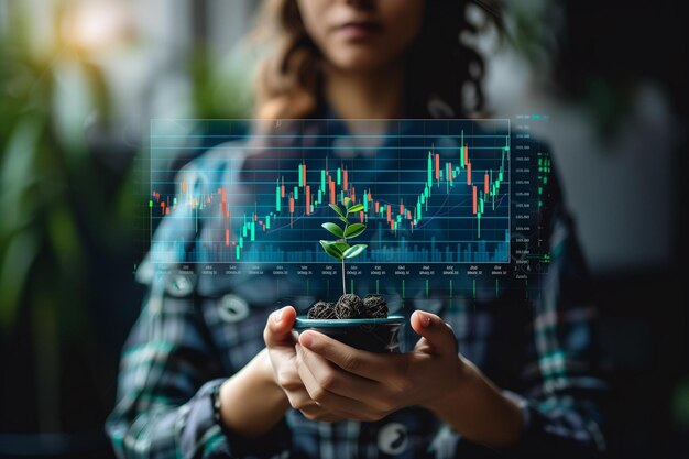 Foto comerciante com planta que detém estoque em crescimento em ecrã virtual para o conceito de crescimento do investimento