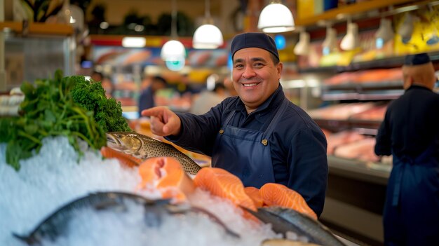 Comerciante de peixe amigável dando thumbsup barraca de mercado de peixe conceito de design de publicidade de mercado de frutos do mar