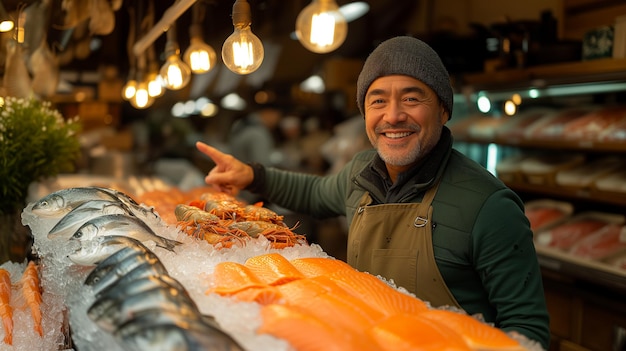 Comerciante de peixe amigável dando thumbsup barraca de mercado de peixe conceito de design de publicidade de mercado de frutos do mar