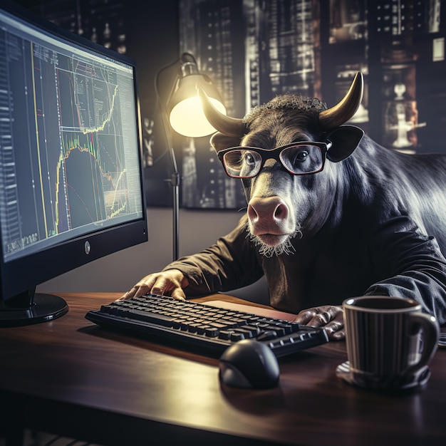 Comerciante de touro usando óculos sentado no escritório monitorando o mercado de ações Generative Ai