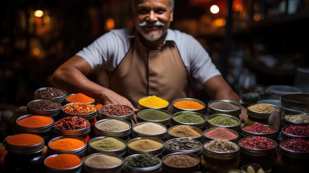 Foto comerciante de especias vibrante en el mercado colorido