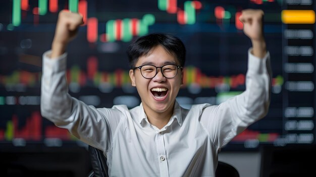 Foto comerciante exultante celebrando inversiones financieras exitosas y análisis de mercado