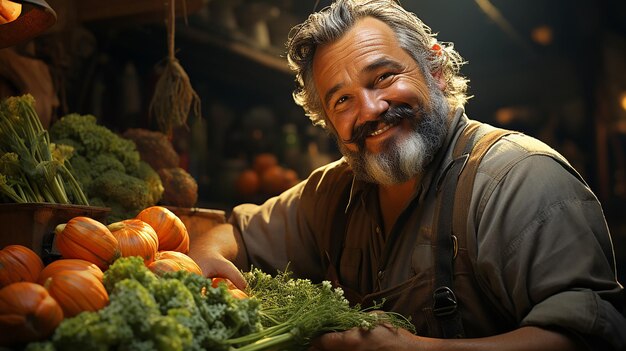 Comerciante feliz y sonriente vendiendo sus verduras y frutas orgánicas en el mercado Ilustración de productos agrícolas generada por IA