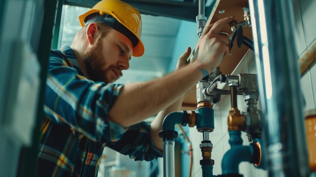 Comerciante focado em um chapéu rígido fixando tubos em um canteiro de obras