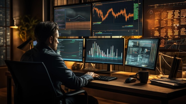 Comerciante monitorando as tendências do mercado de ações em múltiplos ecrãs com gráficos e gráficos IA geradora