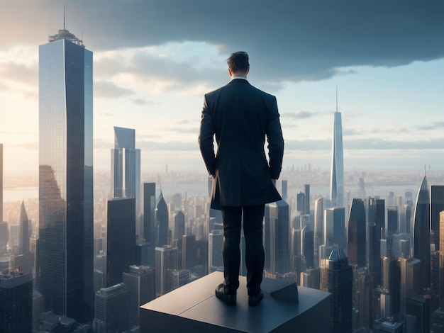 Un comerciante profesional se encuentra en lo alto de un rascacielos