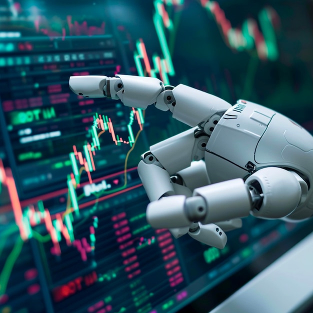 Comerciante robótico IA para negociação automatizada no mercado de ações Robô de mão aponta para o gráfico de velas em