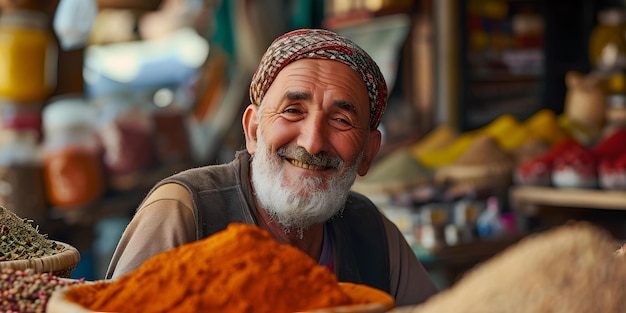 Comerciante sênior alegre em um mercado tradicional, retrato sincero, tons quentes, representação cultural autêntica AI