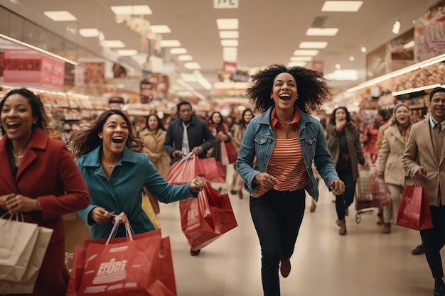 Foto comerciantes da sexta-feira negra através dos corredores bolsa na mão agarrando barganhas em balé de varejo frenético