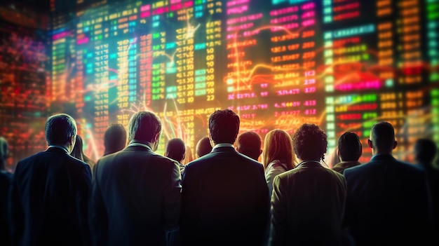 Comerciantes de ações olhando para o gráfico financeiro na tela grande Equity ou conceito de negociação de ações Generative AI