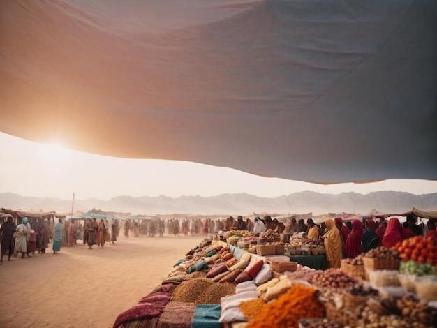 Foto comerciantes del desierto intercambiando mercancías en un bullicioso mercado