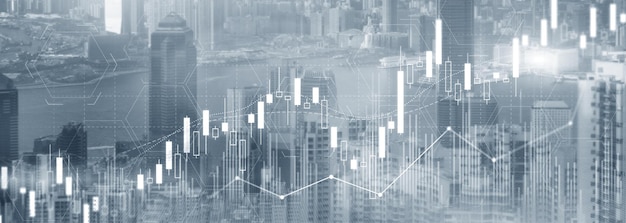 Comercio de acciones inversión vela mercado de valores gráfico diagrama sitio web encabezado banner vista de la ciudad horizonte