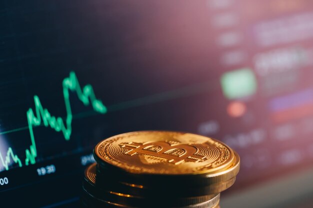 Comercio de Bitcoin en aparatos moneda virtual moderna foto de alta calidad