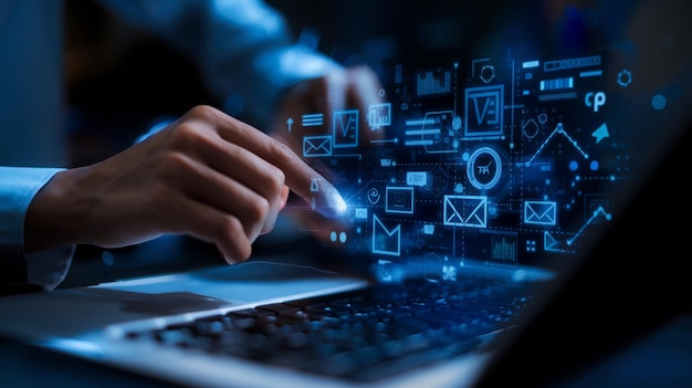 Comercio digital concepto de venta en línea Mujer de negocios utiliza portátil con publicidad en el sitio web