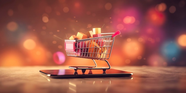 Comercio electrónico Carrito de compras con múltiples productos Un fondo abstracto iluminado por el sol Concepto de comercio electrónico AI Generativo