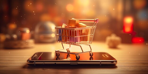 Comercio electrónico Carrito de compras con múltiples productos Un fondo abstracto iluminado por el sol Concepto de comercio electrónico AI Generativo