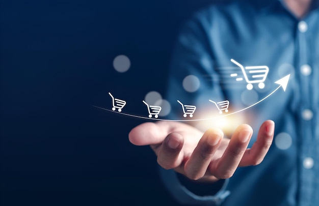 Comercio electrónico y compras en línea Concepto de tienda minorista Hombre que utiliza internet en línea para comprar productos o negocios envío rápido entrega al cliente