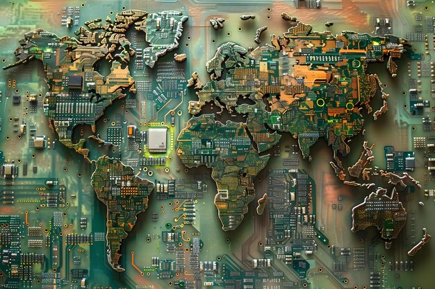 Comercio global y conexiones de mercado representadas por componentes de placas de circuitos electrónicos en un mapa mundial Concepto Comercio global Conexiones de mercado componentes electrónicos mapa mundial