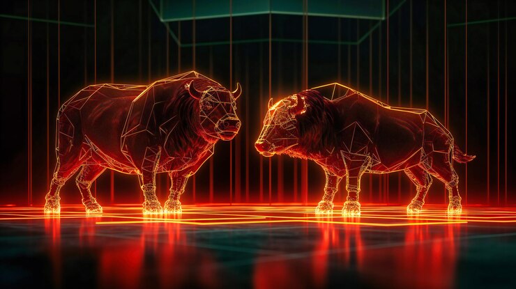 Foto comercio con gráficos de acciones y un toro y dos pequeños osos