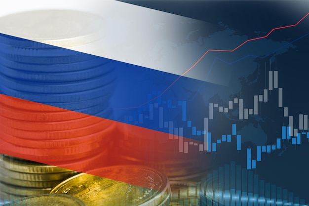 Comercio de inversión en el mercado de valores moneda financiera y bandera de Rusia o Forex para analizar las ganancias de las finanzas de los datos de tendencia de negocios de fondo