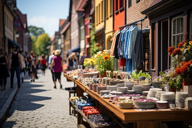 Comercio urbano: puestos de frutas, tiendas de vintage y personas en tránsito, IA generativa