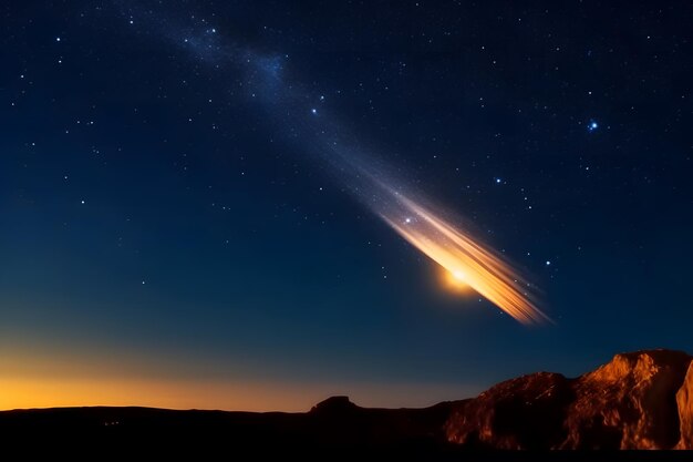 Foto un cometa un asteroide un meteorito cae al suelo contra un cielo estrellado red neuronal generada por la ia