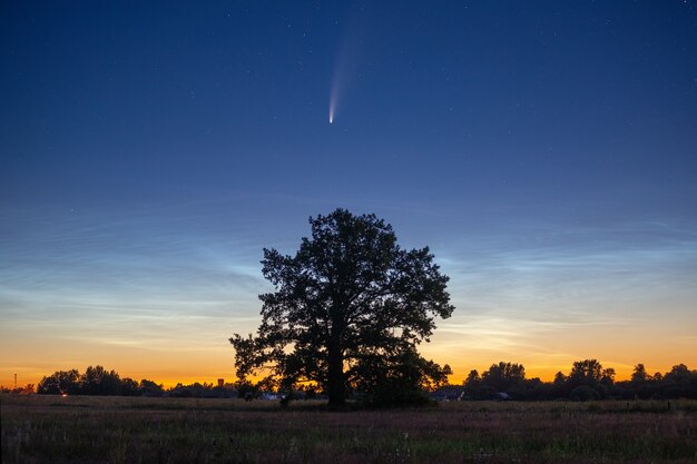 El cometa C / 2020 F3 (NEOWISE) sobre un hermoso paisaje al atardecer